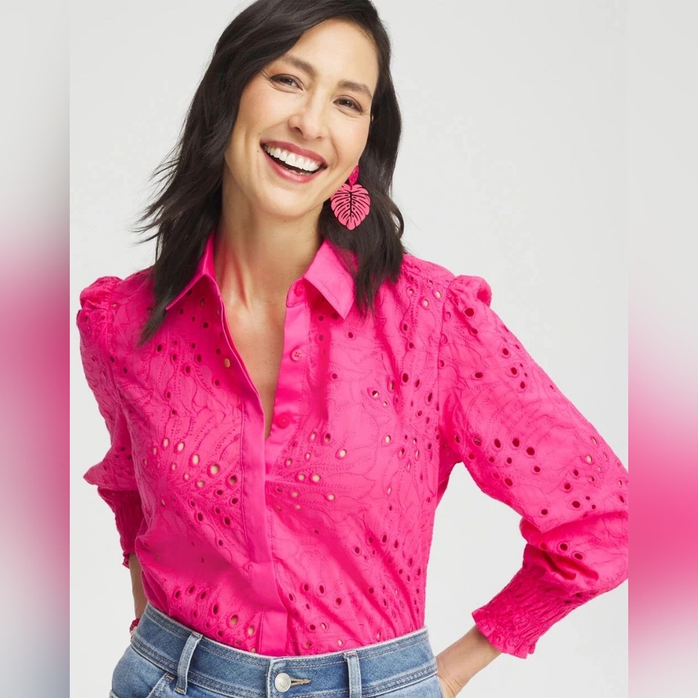 Chico's NWT Solid Pink Emb T oidered Flower Eyelet Button Down Pink Bromeliad 20